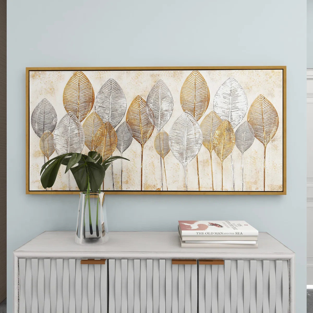 Canvas Leaf Living Room Framed Wall Art with Silver Accents and Gold Frame