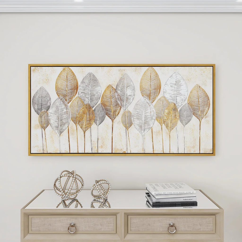 Canvas Leaf Living Room Framed Wall Art with Silver Accents and Gold Frame