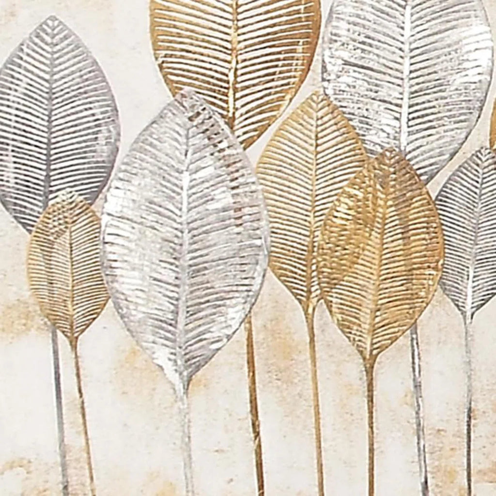 Canvas Leaf Living Room Framed Wall Art with Silver Accents and Gold Frame