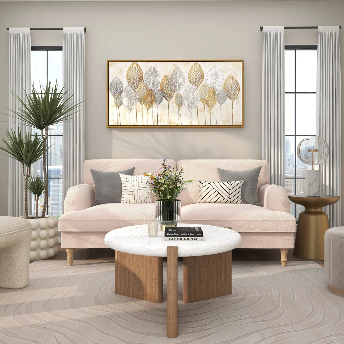 Canvas Leaf Living Room Framed Wall Art with Silver Accents and Gold Frame