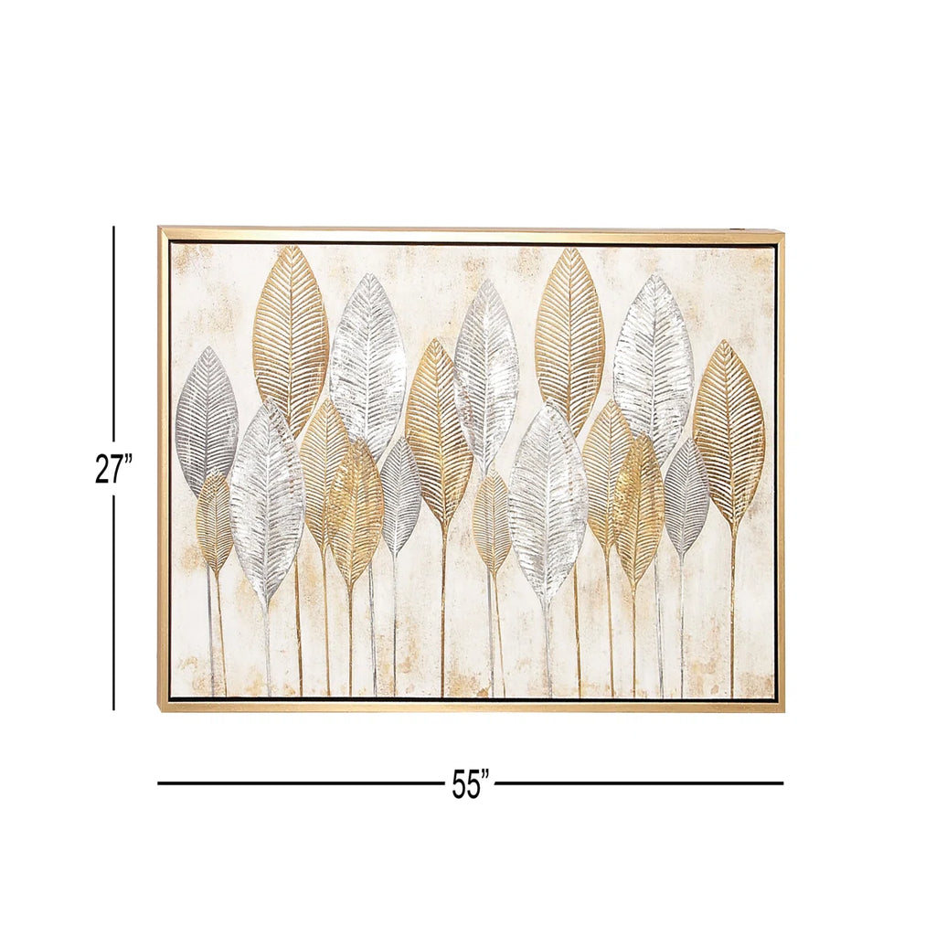 Canvas Leaf Living Room Framed Wall Art with Silver Accents and Gold Frame