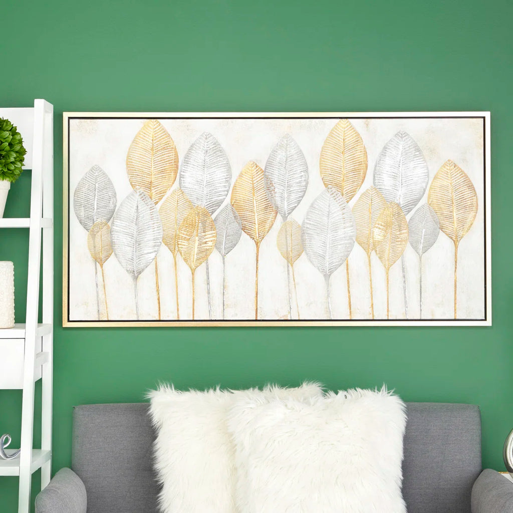 Canvas Leaf Living Room Framed Wall Art with Silver Accents and Gold Frame