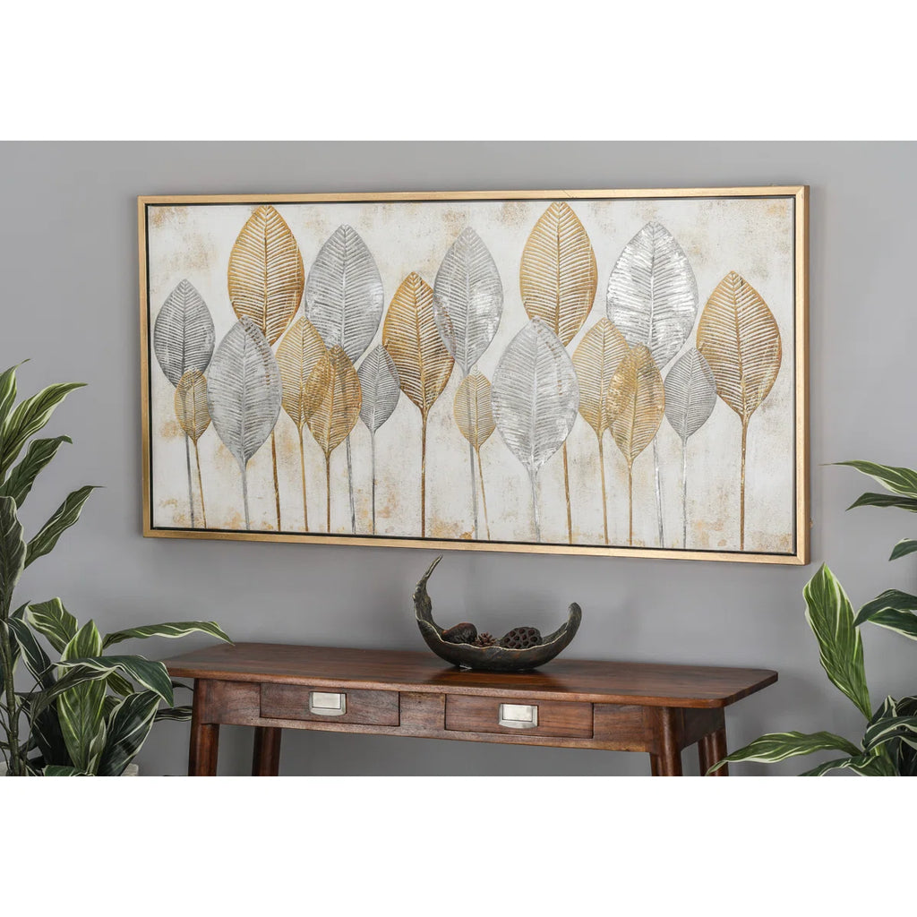 Canvas Leaf Living Room Framed Wall Art with Silver Accents and Gold Frame